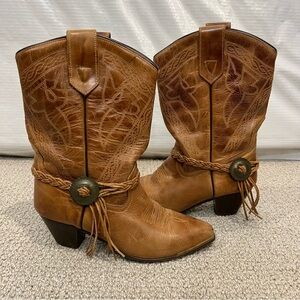 Oak Tree Farms Women's Size 8.5 Brown Leather Cowboy Western Tassel Boots 99614,